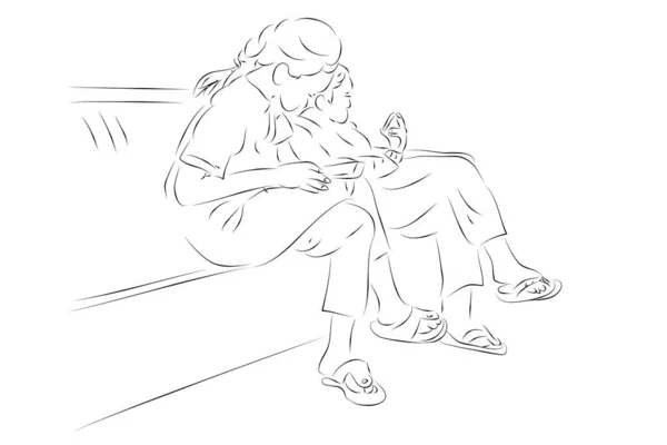 Dvě Ženy Sedí Čte Jejich Smartphone Jednoduché Vektorové Ručně Kreslit — Stockový vektor