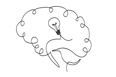Basit vektör çizimi insan beyni ve ampul lambası fikri, tek çizgi sanat, sürekli 