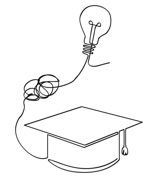 単純なベクトルスケッチ卒業キャップと電球ランプ一本の線画連続 — ストックベクタ