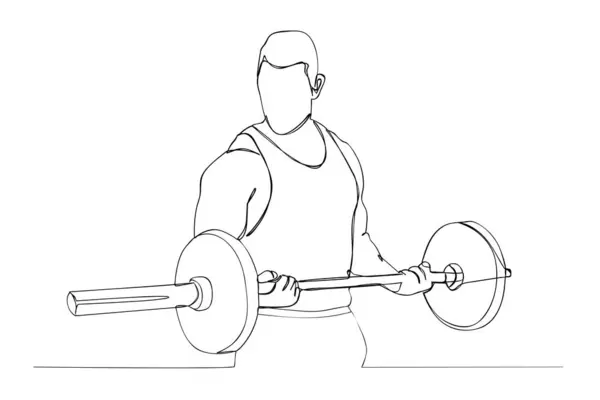 Bosquejo Vectorial Simple Fuerte Entrenamiento Del Hombre Muscular Usando Barbo — Vector de stock