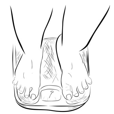 Ağırlık ölçeğinde şişman ayak, üst görünüm, basit vektör karalama el çizimi çizimi