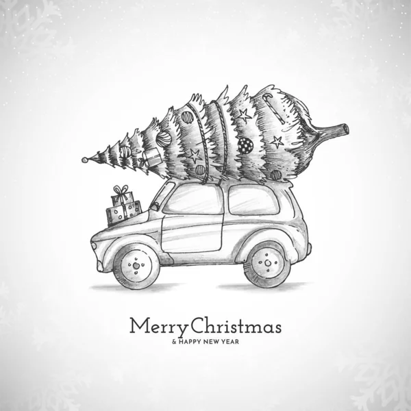 Frohe Weihnachten Festival Hintergrund Mit Weihnachtsbaum Auf Auto Vektor — Stockvektor