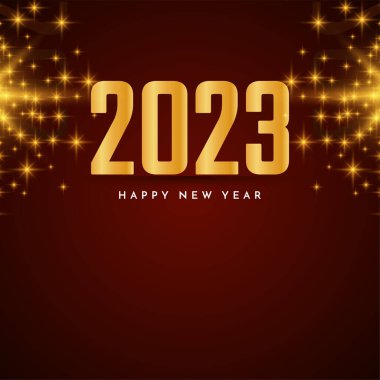 Mutlu yıllar 2023 kırmızı zemin altın yıldız tasarım vektörü