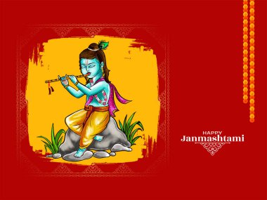 Mutlu Janmashtami Lord Krishna doğum festivali tebrik kartı tasarım vektörü