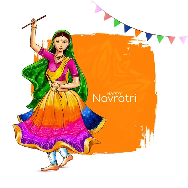 Feliz Navratri Dandiya Garba Fondo Noche Con Baile Lady Vector — Vector de stock