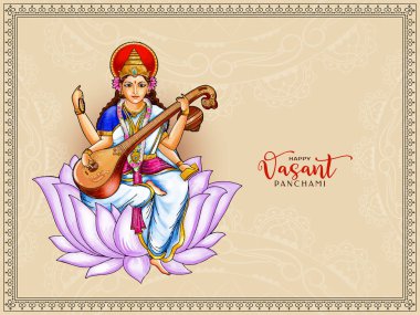 Tanrıça Saraswati illüstrasyon vektörüyle Mutlu Vasant Panchami dini festivali