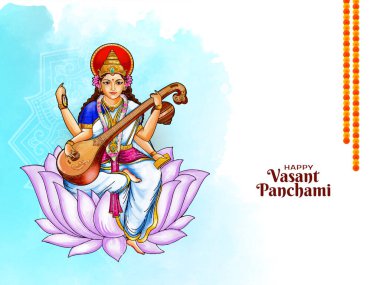 Geleneksel Vasant Panchami Hindu Festivali Tanrıça Saraswati illüstrasyon vektörüyle