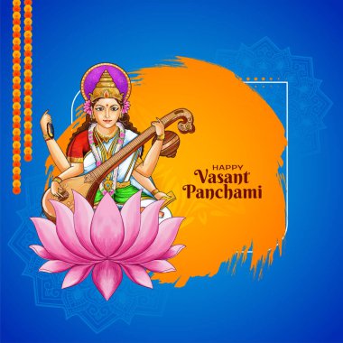 Tanrıça Saraswati illüstrasyon vektörüyle Mutlu Vasant Panchami Hindu dini festivali