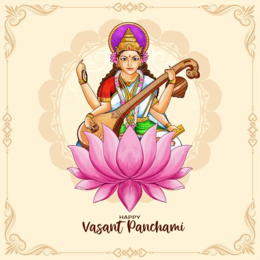 Tanrıça Saraswati illüstrasyon vektörüyle Mutlu Vasant Panchami dini festivali