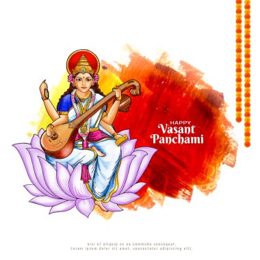 Tanrıça Saraswati tasarım vektörlü güzel Mutlu Vasant Panchami festivali kartı
