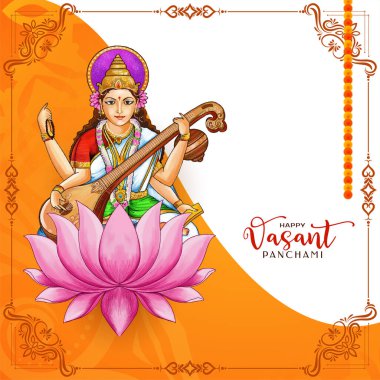 Tanrıça Saraswati illüstrasyon vektörüyle Mutlu Vasant Panchami dini festivali