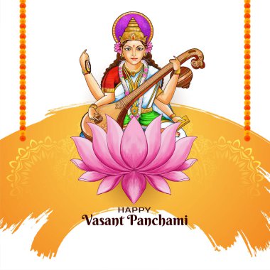 Tanrıça Saraswati illüstrasyon vektörlü mutlu Vasant Panchami festival kartı