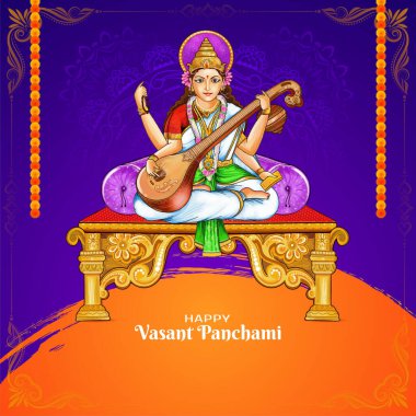 Tanrıça Saraswati tasarım vektörlü mutlu Vasant Panchami dini Hint festivali kartı