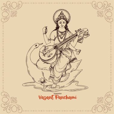 Tanrıça Saraswati illüstrasyon vektörüyle Mutlu Vasant Panchami dini festivali