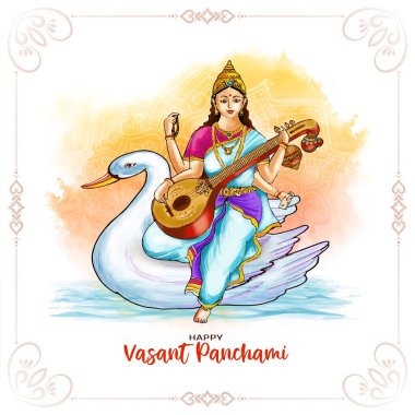 Tanrıça Saraswati tasarım vektörlü güzel Mutlu Vasant Panchami festivali kartı