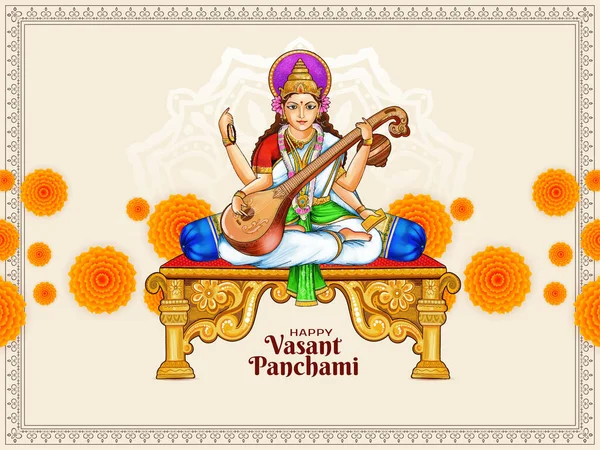 Tanrıça Saraswati illüstrasyon vektörlü mutlu Vasant Panchami festival kartı