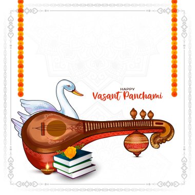 Veena illüstrasyon vektörlü Mutlu Vasant Panchami kültürel Hint festivali kartı