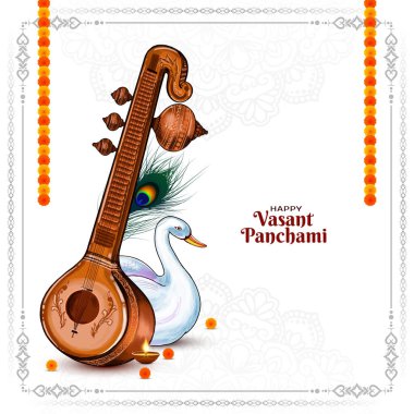 Dindar Mutlu Vasant Panchami Hint festivali arka planında Veena illüstrasyon vektörü