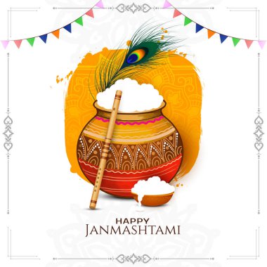 Mutlu Janmashtami Lord Krishna doğum günü Hint festivali kartı vektörü