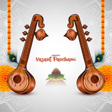 Güzel mutlu Vasant Panchami Hint festivali kartı veena vektörü