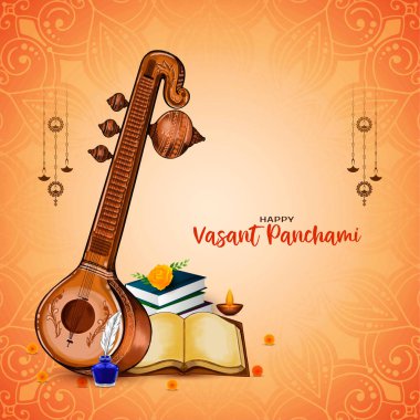 Güzel mutlu Vasant Panchami Hint festivali kartı veena vektörü