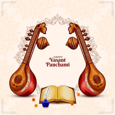 Güzel mutlu Vasant Panchami Hint festivali kartı veena vektörü