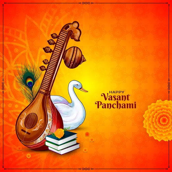 Veena vektörlü mutlu Vasant Panchami Hint festivali tebrik kartı