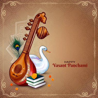 Veena tasarım vektörlü zarif Mutlu Vasant Panchami Hint kültür festivali kartı