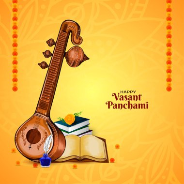 Veena vektörlü Mutlu Vasant Panchami Hint Festivali tebrik kartı