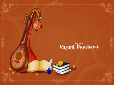 Sanatçı Mutlu Vasant Panchami Hint festivali arka planı veena vektörüyle selamlıyor