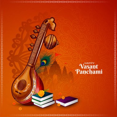 Mutlu Vasant Panchami Hint kültür festivali. Veena vektörlü zarif tebrik kartı.