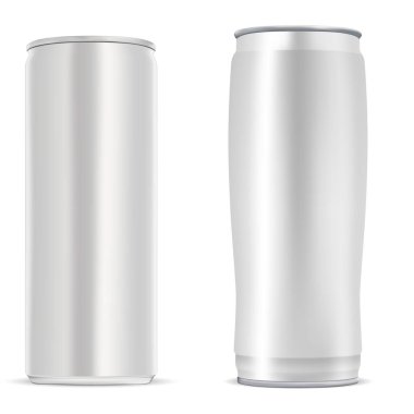 Bira kutusu. Enerji içeceği kutusu, alüminyum soda şişesi. Soğuk içecek alüminyum gümüş metal teneke kutu boş. Tek kullanımlık soğuk kahve ürünü illüstrasyon, gerçekçi kap, çelik paket.