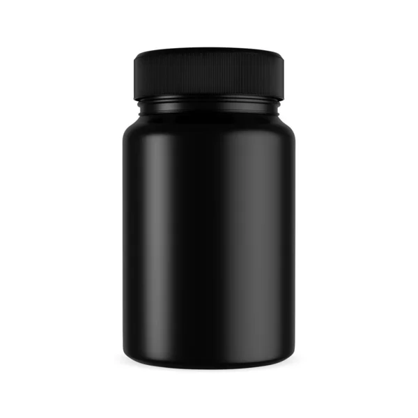 黑色补充剂瓶子矢量空白 塑料药瓶造型 维生素或药物包装插图 标签设计用药箱包装 药品容器 — 图库矢量图片