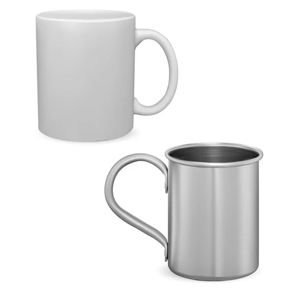 白色咖啡杯的模型 银制金属杯隔离 陶瓷茶杯与处理3D向量模板 钢铁或不锈钢杯子的摄影逼真设计 — 图库矢量图片