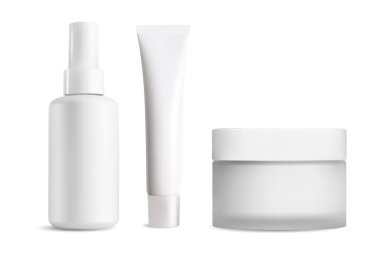 Gerçekçi kozmetik şişesi. Güzellik ürünü seti, beyaz plastik vektör boş. İzole sprey şişesi, krem tüpü ve kavanoz modeli koleksiyonu. Etiketleme için spa hijyen nesnesini temizle
