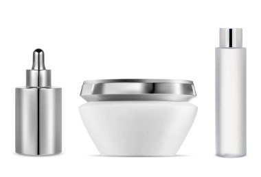 Kozmetik ürün şişesinin gerçekçi bir kopyası, vektör boş. Kozmetik krem kavanozu, plastik losyon şişesi, serum düşürücü şişesi. Spa ve banyo temizliği ambalajı, aroma yağı, nemlendirici.