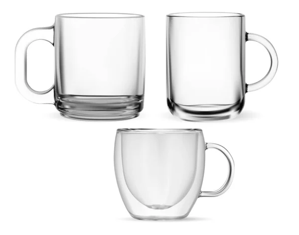 透明なガラスマグカップ 紅茶またはコーヒーカップベクトルモックアップは白い背景に隔離されています ホットドリンク用ハンドル付きリアルなクリスタルカップのイラスト 完璧なビジネスアイデンティティのガラス製品 — ストックベクタ