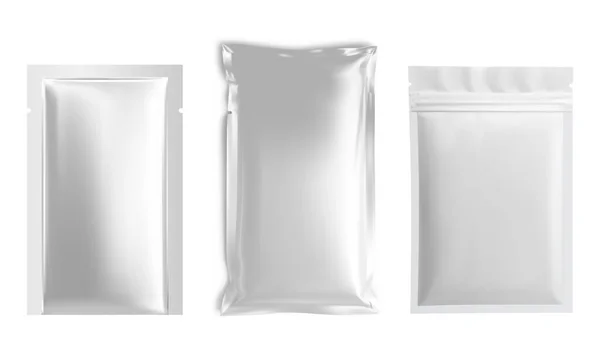 Foil Sachet Model Plastic Bag Blank Vector Template 擦床单用的新银包 饼干用的光滑铝包 — 图库矢量图片