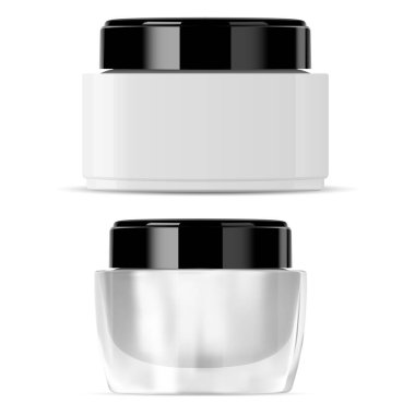 Kozmetik krem kavanozu, yüz cam kaplama modeli, siyah plastik kapaklı yuvarlak vektör kutusu. Şeffaf krem ya da vücut ovma paketi. Makyaj pudrası kavanozu şablonu. El jölesi veya tereyağı