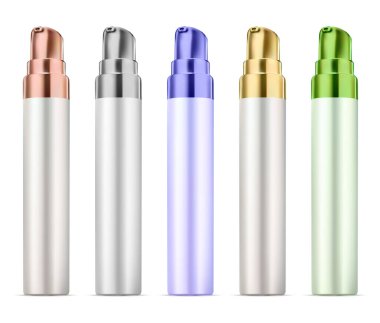 Küçük havasız pompa yüzlü deri serumu özü şişesi. Sıvı güzellik ürünleri için dağıtıcı tüp boş. Gümüş ve altın kapaklı Face Vakfı flakonu, etiket için vektör illüstrasyonu