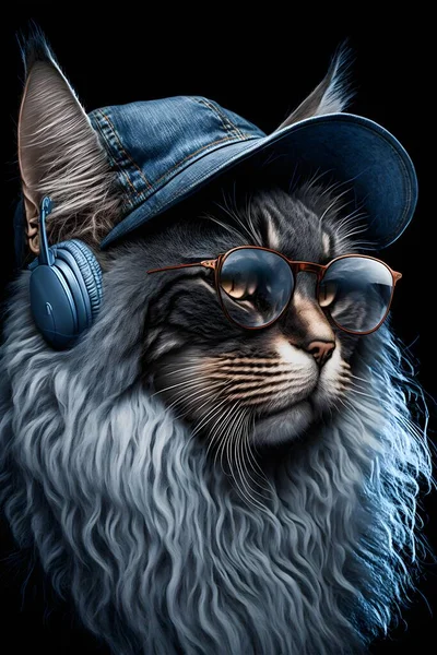 Maine Coon cat art portrait in headphones for t-shirt design in denim baseball hat and denim jacket, dark sunglasses on the face, isolated on black. Cool creative artwork concept
