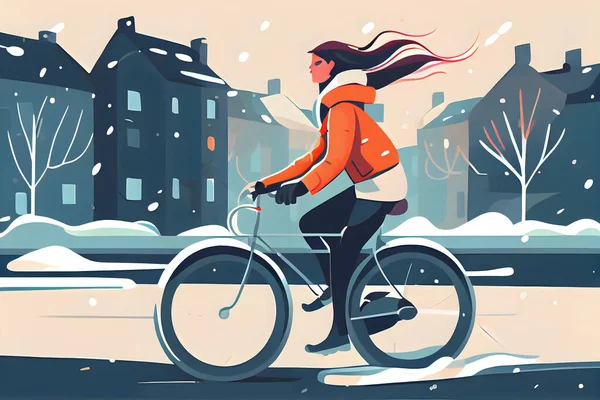 Young girl on bicycle at winter, cartoon illustration. City street ride activity in fashion outerwear. Happy character, urban cyclist banner design, freedom and leasure lifestyle