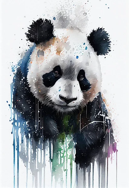 Panda bear portrait watercolor drawing. Cute animal painting, isolated on white, colorful realistic aquarelle illustration, lazy bamboo forest hipster. Panda bear sketch, bright color
