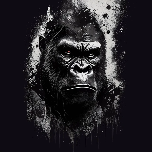 Gorilla face art. Gorilla animal portrait illustration. Jungle monkey character graphic, black creative color drawing. King of wildlife, strong and danger silverback power, primate head
