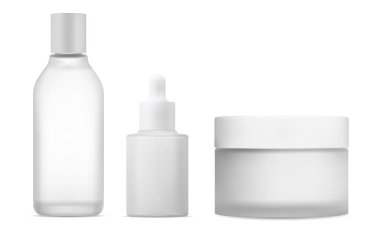 Lotion bottle, cream jar. Beauty cosmetic package design. Realistic serum container blank. Body skin moisturizer gel jar, clear small pack for branding. Set of cosmetics product