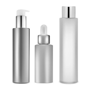 Realistic cosmetic bottle mockup. Pump dispenser blank for cream, soap or gel. Serum dropper packaging design, skin care collection set. Shampoo bottle, glass tube isolated on white background