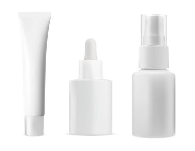 Moisturizer product bottle set. Cosmetic container with spray dispenser, hairspray aerosol. Cream tube illustration, makeup collection. Face care serum eyedropper vial