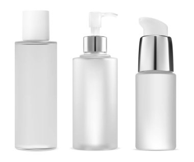 Pump cosmetic container mockup. Glass bottle for liquid moisturizer cream. Airless piump tube design for body gel or hair lotion. Face skin essence of foundation product bottle