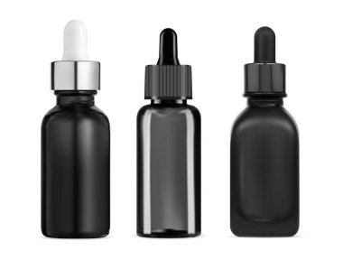 Black glass serum dropper bottle. Cosmetic oil pipette drop container, beauty product vial. Eyedropper flask for collagen essence, vector design. Natural face treatment realistic bottle