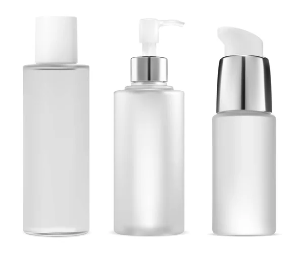 泵化妆品容器模型 用于液体保湿霜的玻璃瓶 无气泵管的设计 用于身体凝胶或发液 面部皮肤精华粉底产品瓶 — 图库矢量图片